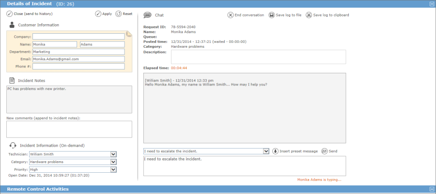 IronCAP OnCall incidents status screen