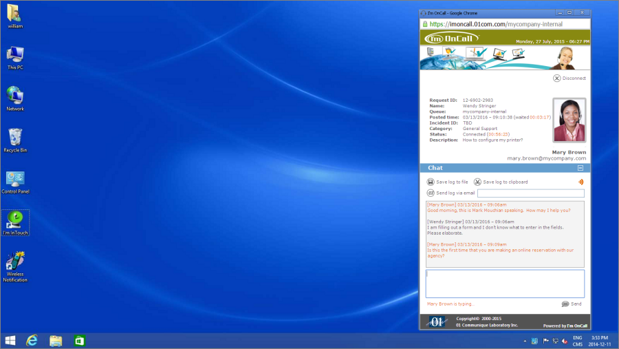 IronCAP OnCall customer chat screen