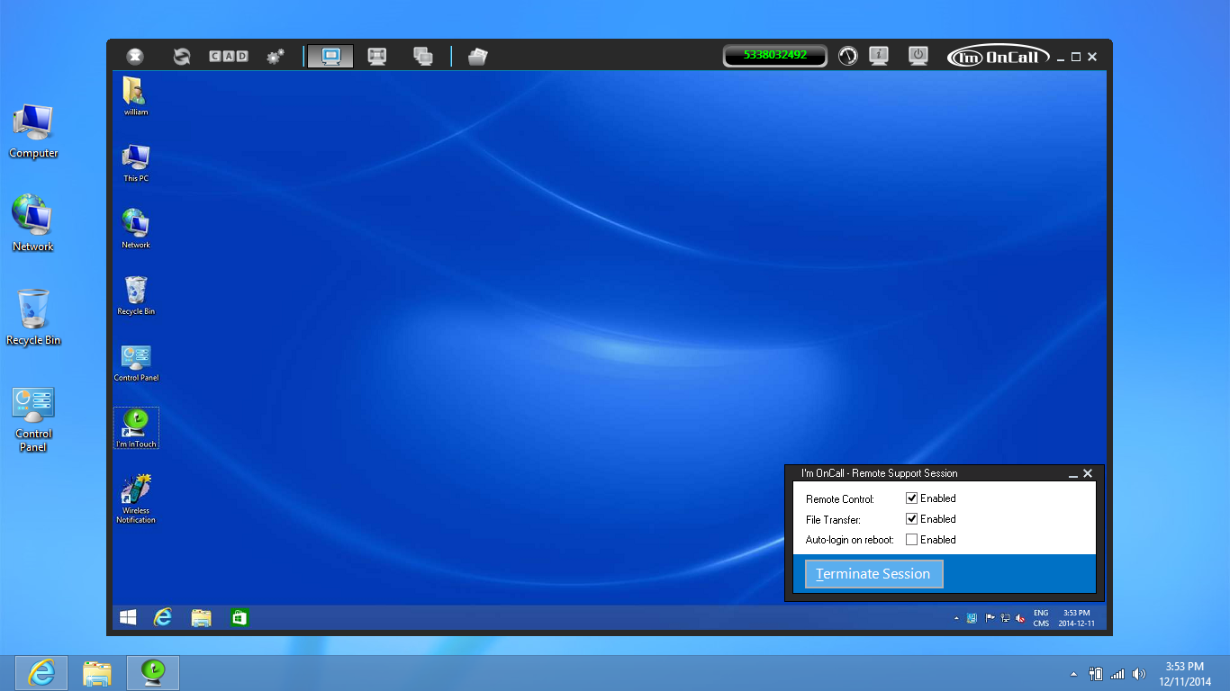 IronCAP OnCall remote control session screen